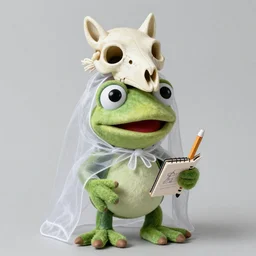 frog cleric as a chibi muppet plush made from transparent sheer fabric wearing a wolf skull on its head and carrying a tiny sketch book and pencil, photorealistic, photography, national geographic, sesame street