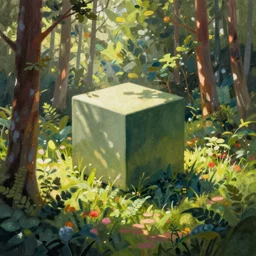 a forest landscape with a blender default cube in the middle of the painting in the style of bob ross