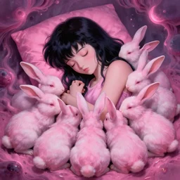 Keeping you sane, And you fade away just enough, You felt the edge again, You took two pills And you fell asleep, Hugging six rabbits And having pink nightmares, concept art, trade on artstation, sharp focus, psychedelic, by Yoshitaka Amano, Mark Ryden, Zdzisław Beksiński, Gloom, Extremely high detail, realistic, fantasy art, masterpiece, Hyperrealism. Subsurface scattering. Octane Render. Weirdcore