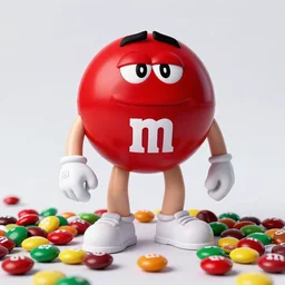 eminem as the red m character standing on a floor covered with m & m candies, head with arms and legs, no body, red sphere wearing a baseball hat, m & m candy dispenser!!!, round red m & m figure m & m plush, unreal engine, studio lighting, unreal engine, volumetric lighting, artstation, cosplay, by hans bellmer