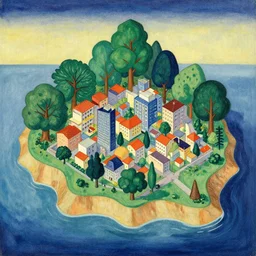 3 d isometric botanical illustration of a small city in an island surrounded by water, diego rivera in ukiyo - e style variation 1, jean metzinger, hd