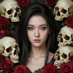 an elegant lady surrounded by skulls in a garden full of roses, final fantasy, final fantasy, cushart krenz, very detailed, realistic face, detailed face, matte, tonemapping, perfection, 4 k,