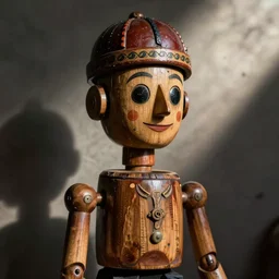 hyper realistic photography of horror ventriloquist wooden puppet with old carved painted head