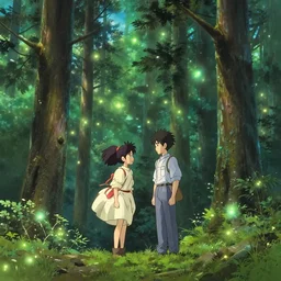 a pine forest with glowing spirits, ultra high quality, 4 k, by miyazaki and makoto shinkai, anime screenshot, colorful, artstation, pixiv,
