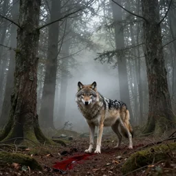 realistic scene of a wolf lost in a forest by greg rutkowski, seb mckinnon, matte painting, fog, blood trails, delicate, hyper realism, 1 4 5 0, ink, ultra realistic, mystic, 8 k
