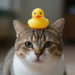 a cat is wearing a rubber duck on its head, cinematic photo,