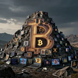a mountain made out of computer screens that display bitcoin logos, cinematic, post apocalyptic landscape, harsh contrast lighting, in the style of photorealism, made by richard estes robert cottingham gerhard richter robert longo ellen altfest