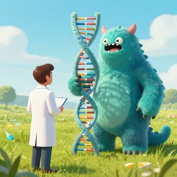 in a field, two scientists in lab coats encounter a monster shaped like the DNA double helix, digital art