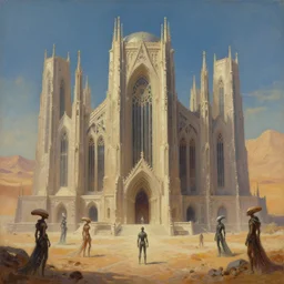 immense crematorium gothic architecture advanced technology scifi architectural structure desert planet alien wardrobe, wayne barlowe, bruce pennington, donato giancola, larry elmore, oil on canvas, masterpiece, trending on artstation, featured on pixiv, cinematic composition, dramatic, beautiful lighting
