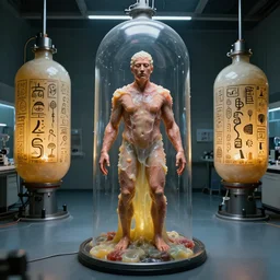 a perfect violent photograph of a human test specimen in a laboratory designed in a hyper ridiculous manner. the bulbous chambers are adorned with lewd cryptic hieroglyphs. the man is engulfed by runny gelatin. perfect focus, studio lighting, gallery setting