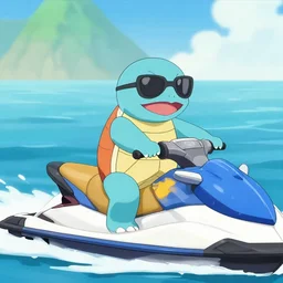 a squirtle pokemon riding a jetski wearing sunglasses