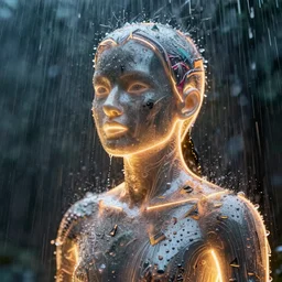 a human made out of rain, glowing neon, rendered in octane, unreal engine, highly detailed, realistic, beautiful