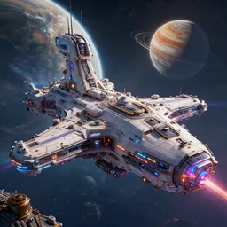 a wide shot of a large distant hi-tech sci-fi Utopian spaceship, with a lot of bright color lights, bridges, turrets, pipes, orbiting a gas giant planet, beautiful, solarpunk, volumetric light, photography, color, intricate, extremely detailed, photorealistic, digital art, trending on artstation