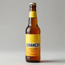 a amber beer bottle with yellow and orange label that says the chancer golden ale