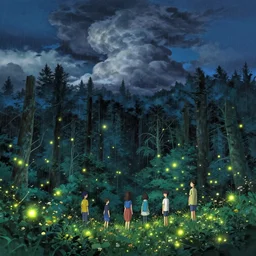 highly detailed illustration of a giant forest with fireflies and rain and luminescent wild flowers at night with cummulonimbus clouds by makoto shinkai, by moebius!, by oliver vernon, by joseph moncada, by damon soule, by manabu ikeda, by kyle hotz, by dan mumford, by kilian eng, by nico delort