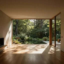 minimalist midcentury apartment interior by frank lloyd wright, pond floor, open to forest, warm palette