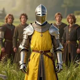 A fancy portrait of a yellow medieval Holy Knight with a helmet on in a field of grass by Greg Rutkowski, Sung Choi, Mitchell Mohrhauser, Maciej Kuciara, Johnson Ting, Maxim Verehin, 8k photorealistic, volumetric lighting, HD, high details, dramatic, trending on artstation