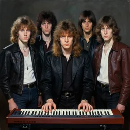 official portrait of an 8 0's synthesizer band in las vagas, 1 9 8 5, posed, rim lighting, anton corbijn, sinister atmospheric lighting. highly detailed painting by greg rutkowski, anime style