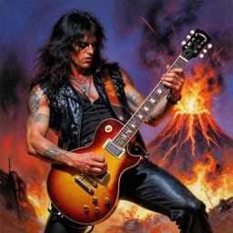 changpeng zhao shredding on a gibson les paul, painting by frank frazetta, heavy metal artwork, bad motherfucker playing a face - melting solo while a volcano erupts