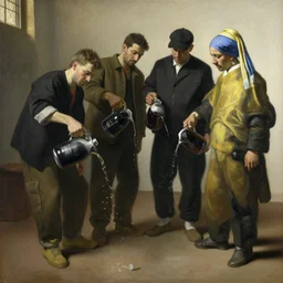 a beautiful painting of 4 crip gang members pouring malt liquor on the ground in honor of a dead friend, by vermeer