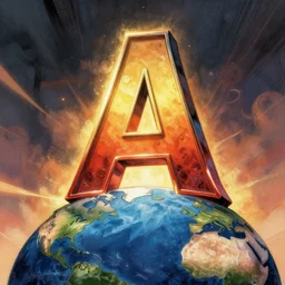an epic comic book style painting of the letter a towering over the world, font, trending on artstation, dynamic lighting