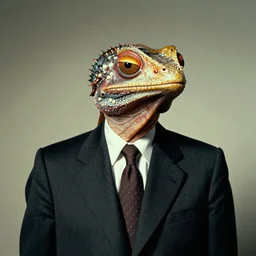 A portrait of a humanoid lizard wearing a suit, eerie, by Salvador Dali