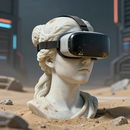 the distressed and damaged head of a marble cybernetic lady justice statue wearing a virtual reality headset on ground covered in sand, cyberpunk background, highly detailed, epic lighting, hyper photorealism, 8 k