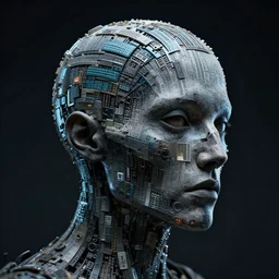 Head made out of bits and bytes, macabre , dread, future, cult, techno