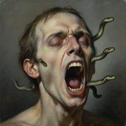 a painting of a disembodied screaming man's face with snakes coming out of his orifices, a surrealist painting, polycount, behance, surrealism, surrealist, lovecraftian, cosmic horror, grotesque