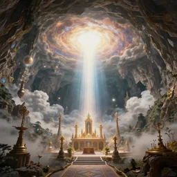 overhead, a beam of light bursts into view from the clouds and pierces the center of a cavern altar through the earth itself :: ceiling artwork :: concept art simon spitzweg :: VR augmented reality spiritual cosmic breathtaking wonderful imagery:: scenic pose marvelous detail explicit ornate objects articulating scenic vision and depth of theme