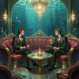 beautiful Peter Mohrbach and tyler edlin highly detailed illustration of an underwater art deco lounge. bioshock, rapture, trending on artstation