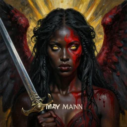 portrait of the god of death, beautiful female face, angelic, black woman, golden eyes, dark, blood, by jeremy mann, by lucian freud, oil painting, god rays, female warrior, warrior face painting red, wings, gothic, holding a weapon, intricate, highly detailed, trending on artstation, award winning, cinematic