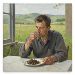 an oil painting of a man sitting at a table, outside, alone, in the grassy fields and hills of the windows 9 5 background, the man is eating crickets from a plate. masterpiece, higly detailed