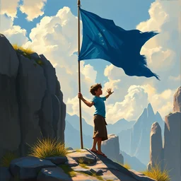 girl and boy holding a blue flag in fantasy world, painted by sylvain sarrailh, rhads, ferdinand knab, trending on artstation