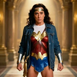Danny DeVito as Wonder Woman. Movie still frame. 4K UHD , symmetrical ,