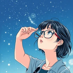 graphic novel cover art of a girl using glasses looking to the sky, artwork by yoji shinkawa, poster cover art