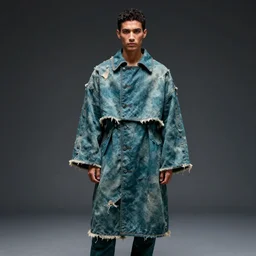 an award - winning photo of a male model wearing a baggy teal distressed medieval menswear cropped coat by issey miyake, 4 k, studio lighting, wide angle lens