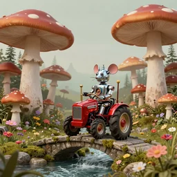 adventurer ( ( ( ( ( 1 9 5 0 s retro future robot android mouse tractor in forrest of giant mushrooms, moss and flowers stone bridge waterfall. muted colors. ) ) ) ) ) by jean baptiste monge!!!!!!!!!!!!!!!!!!!!!!!!! chrome red