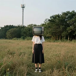 woman with a television face standing in field with antennas trees, surreal photography