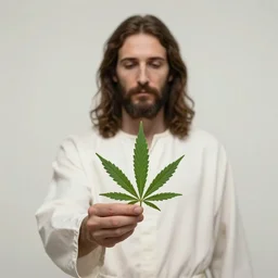 Jesus holding a cannabis leaf