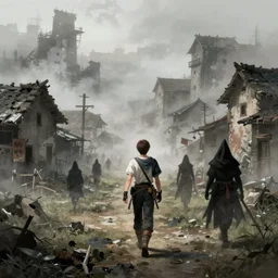 A dilapidated foggy village with black mages walking around as seen in final fantasy 9 Vivi, digital painting, concept art, artstation