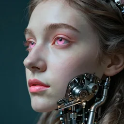 hyperrealistic very detailed profile of rococo female face with pink eyes and mechanical mouth tjalf sparnaay very soft dark teal lighting wide angle 35mm shallow depth of field 8k