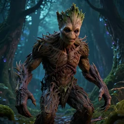 hyper realistic photographie of a highly detailed horrible and cruel groot creature, by night. magical forest background. complex and highly detailed, no noise, no grain, clear render, no blur, horror movie scene, octane render, greg rutkowski style.