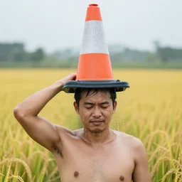 man with traffic cone for head showering in rice