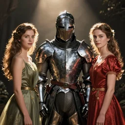 “a knight standing next to a woman on the left and a woman on the right”