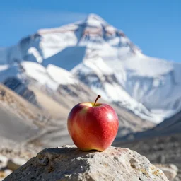 an apple is sitting on the peak of mount everest, clear focus, bokeh effect, professional photo