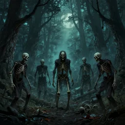 scary skeletons and zombies in a forest at night, d & d, concept art, fantasy art