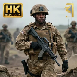Portrait of a black modern British army soldier in full gear carefully moving through enemy territory, photography, cinematic lighting, cautious, 4k, award-winning