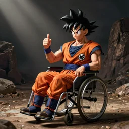 goku in a wheel chair after being defeated by vegeta thumbs up