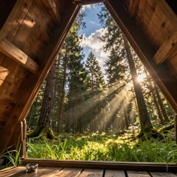 concept art of an inside of a cabin in the woods closeup, cinematic view, epic sky, detailed, concept art, low angle, high detail, warm lighting, volumetric, godrays, vivid, beautiful, trending on artstation, by jordan grimmer, huge scene, grass, art greg rutkowski